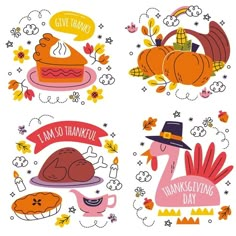 four thanksgiving stickers with turkeys, pumpkins and other things in the background