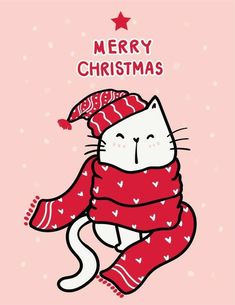 a white cat wearing a red scarf and hat with the words merry christmas written on it