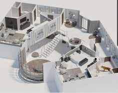 an architectural model of a house with stairs, kitchen and living room in the center