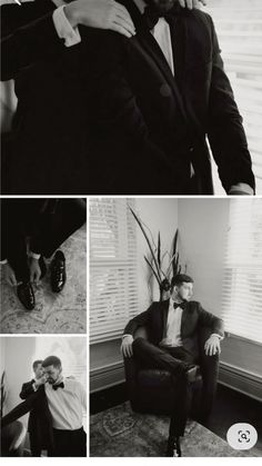 black and white photos of two men in tuxedos, one with his arm around the other's neck