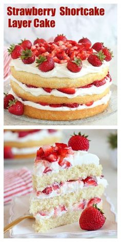 strawberry shortcake layer cake with white frosting and fresh strawberries on top