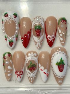 Pressons atarting at 20$ Cute August Nails, Strawberry Shortcake Nails, Mario Nails, Apple Nails, Strawberry Nail Art, Neutral Nail Art, Strawberry Nails, Coquette Nails, August Nails