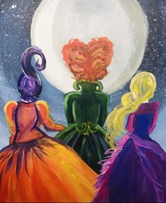 three women in colorful dresses looking at the moon