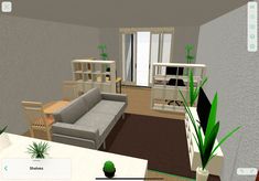 a virtual view of a living room with furniture and plants on the table in front of it