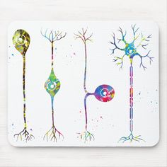 four different types of tree branches on a white mouse pad with watercolor paint splatters