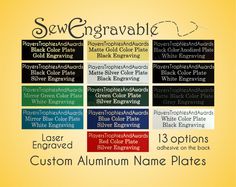 an image of custom aluminum name plates for your company or business logo, with the words sew engravable on each side