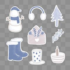 various winter stickers are shown on a gray background, including snowman and boots