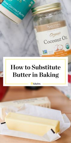 how to subsite butter in baking with ingredients on the counter and text overlay that reads, how to subsite butter in baking