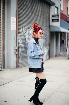 Le Happy wearing McQ thigh high boots and denim jacket Hang Em High, Luanna Perez, Thigh High Boots, Thigh High, Over The Knee Boots, Thigh Highs, Over The Knee, High Boots, Knee High Boots