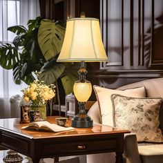 a living room filled with furniture and a lamp on top of a wooden coffee table