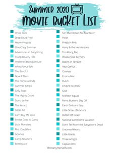 the summer 2009 movie bucket list is shown in blue and green with words on it