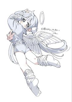 an anime character is flying with her wings spread out and she has one hand on her hip