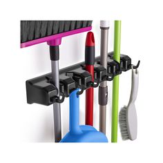 The set includes 1 mop and broom holder, 6 screws, 6 pipes, and a cardboard pattern, which would help you declutter and organize any messy space. Designed with 5 spring loaded clamp slots and 6 collapsible hooks that can carry and hold as much as 50 pounds of cleaning supplies. Perfect for hanging gloves, bottles, towels, helmets, and many more.Constructed with spring-loaded function with dual-sided non-slip slots to make items accessible when putting in or taking out, plus preventing objects fr Broom Organizer, Mop And Broom Holder, Storing Cleaning Supplies, Broom Hanger, Cleaning Supplies Organization, Garden Tool Organization, Declutter And Organize, Mop Holder, Broom Holder