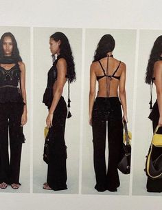 four different pictures of a woman wearing black clothing and holding a yellow handbag in front of her back