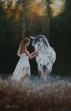 a painting of a girl petting a white horse in a field with trees in the background