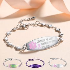 "Lymphedema heart bracelet available in 4 colors! New Multi Color (oil slick) , Silver, Gold, or Rose gold. This pretty heart link bracelet (1/3\" small heart) includes the tag with a Pink medical id symbol & Pink Ribbon, and deep engraving on the front: LYMPHEDEMA ALERT NO BP/IV/NEEDLES THIS ARM. The backside is blank. Closed by lobster clasp, The bracelet's basic length is 7 inches with 1 inches extension chain it can be freely adjusted between 7-8 inches. MATERIAL: 316L Stainless Steel, 100% Medical Alert Bracelet Womens, Medical Id Bracelets, Pretty Heart, Medic Alert Bracelets, Medical Bracelet, Medical Alert, Oil Slick, Clasp Bracelet, Heart Chain