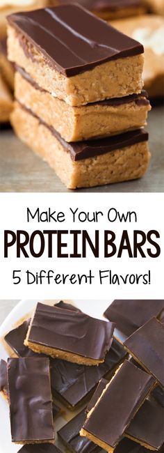 chocolate and peanut butter bars stacked on top of each other with the words make your own protein bars 5 different ways