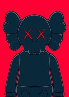 a black teddy bear with red crosses on it's eyes and ears, standing in front of a pink background