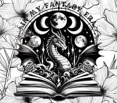 an open book with a dragon on it surrounded by flowers and moon in the background