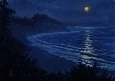 a painting of the ocean at night with a full moon