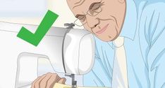 an older man is sewing on a machine with a green arrow pointing to the needle