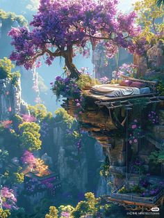 a tree that is sitting on top of a cliff in the middle of some flowers