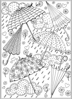 an adult coloring page with umbrellas in the rain and hearts flying above it,