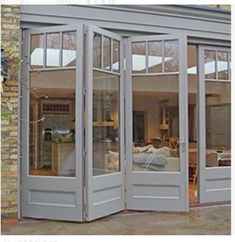 an open patio with french doors and windows