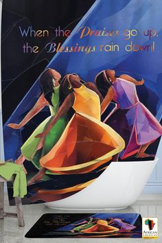 an advertisement featuring three women in colorful dresses on the side of a bathtub with a blue wall behind it