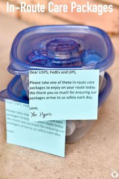 two plastic containers with blue lids and labels on them that say, in - route care packages