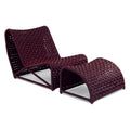 the lounge chair and ottoman is made out of wicker, which has been placed on top of each other