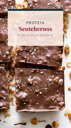 chocolate protein bars with nuts on top and the title overlay reads, protein scothers high protein dessert