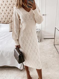 Women's Dresses V-Neck Long Sleeve Sweater Dress - LuckyFash™ Eyelet Sweater, Kawaii Outfits, Hair Upstyles, Pencil Skirt Dress, Womens Fall Dress, Long Sleeve Knit Dress, Long Sleeve Sweater Dress, Sweater Dress Midi, Knitted Coat