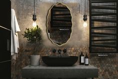 a bathroom with a sink, mirror and towel rack on the wall next to it