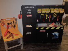 there is a tool cabinet with tools on it and a chair in front of it