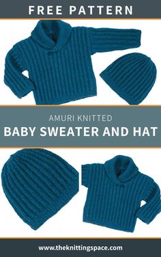 two knitted baby sweaters and hat with text overlay that reads, free pattern