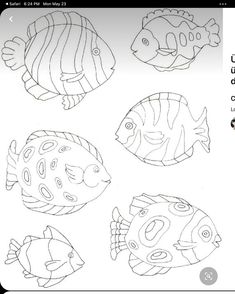 some different types of fish on a white paper with black lines and blue watercolor pencils