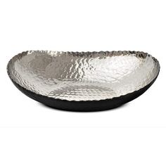 a silver bowl with black rim on a white background, it looks like the surface is made out of metal