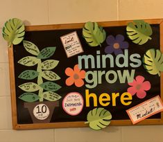 a bulletin board that says minds grow here with flowers, leaves and words on it