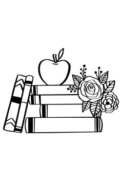 an apple sitting on top of books next to a bouquet of flowers and pencils