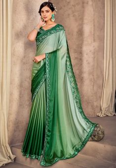 Embroidered Border Satin Saree in Green Design University, Party Wear Sarees Online, Eternal Beauty, Party Wear Saree, Green Saree, Indian Clothes, Wear Saree