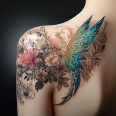 the back of a woman's shoulder with flowers and leaves painted on her body