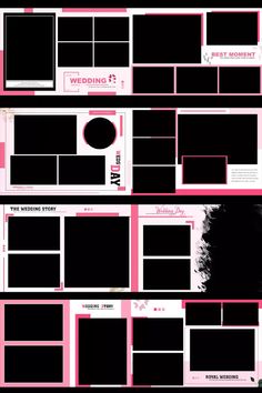 the layout for a wedding album is shown in pink and black, with three different sections