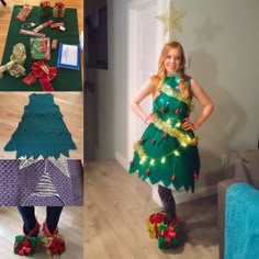 there is a woman dressed up as a christmas tree