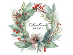 watercolor christmas wreath with red berries and green leaves