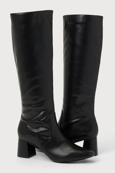 Any fantastic fall fit starts with styling the Lulus Bryson Black Pointed-Toe Knee-High Boots! These ultra-trendy boots have a super smooth faux leather construction that shapes a pointed-toe upper, seam detailing at the vamp, and a 15"" knee-high shaft with a 15"" circumference. A chunky block heel completes the simple and sleek pull-on design! 2. 5" stacked block heel. Lightly cushioned insole. Rubber sole has nonskid markings. Man made materials. Imported. Lulus | Bryson Black Knee-High High Knee High Boots For Women, High Boots For Women, Trendy Boots, Fall Fit, Lulu Fashion, Black Knee High Boots, Chunky Block Heels, Black Knees, Knee High Leather Boots