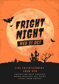 a flyer for a halloween party with an image of a castle and bats on it