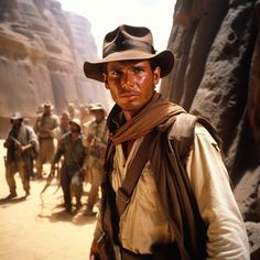 a man wearing a hat and scarf standing next to other men in desert area with large rocks