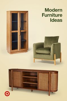 an image of furniture that is in the middle of three different pictures, including a chair and a cabinet