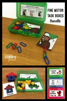 a green case filled with lots of colorful magnets next to some cards and scissors